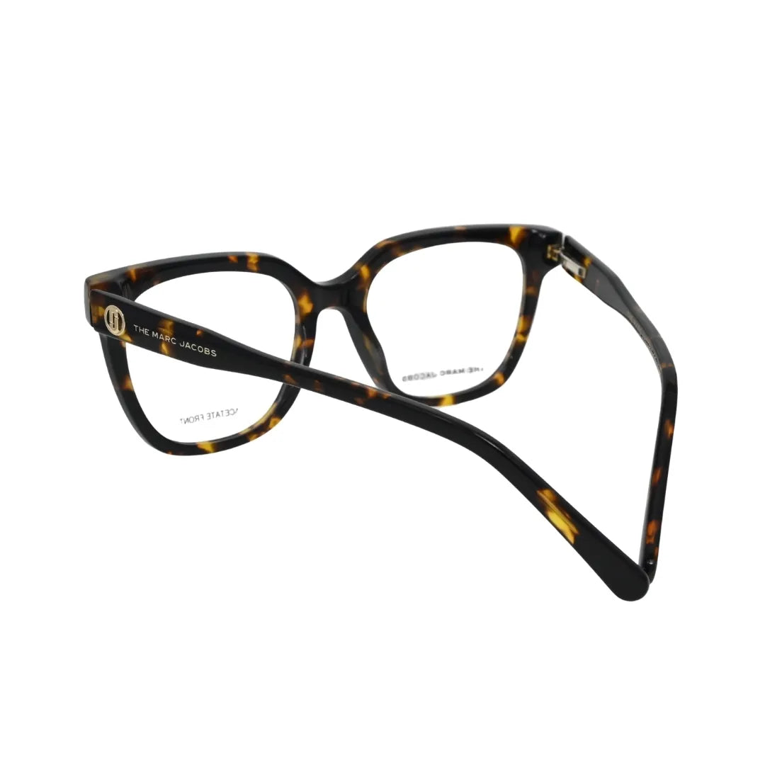 Marc Jacobs square tortoiseshell eyeglasses women Havana — rear angled view showing gold-tone The Marc Jacobs medallion on matching Havana acetate temple