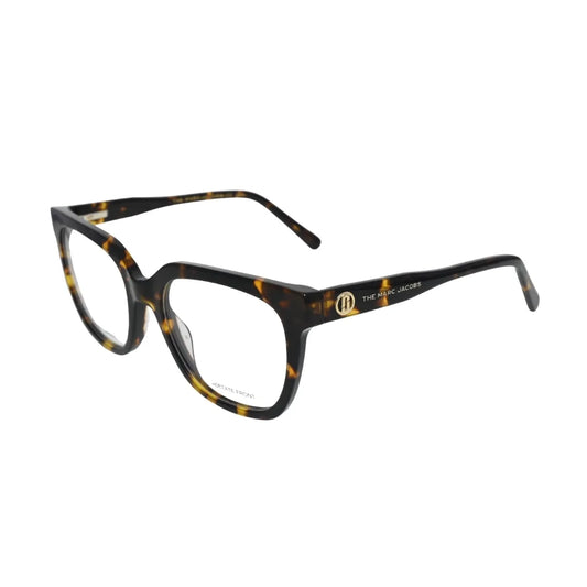 MARC 629 086 side profile — warm Havana tortoiseshell full-rim square frame with The Marc Jacobs white hot-print temple branding
