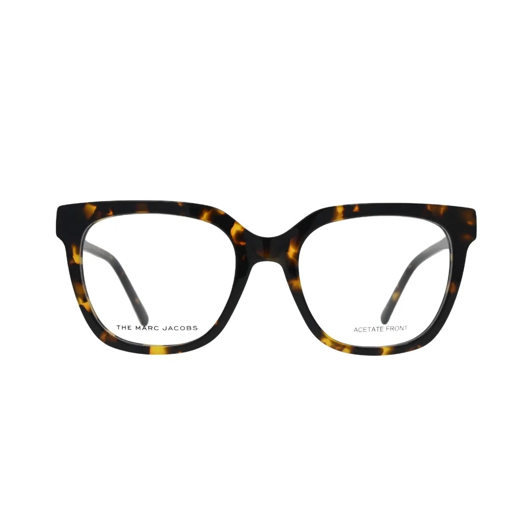 Marc Jacobs MARC 629 front view — full-rim square acetate frame in Havana tortoiseshell with clear demo lenses and integrated nose bridge