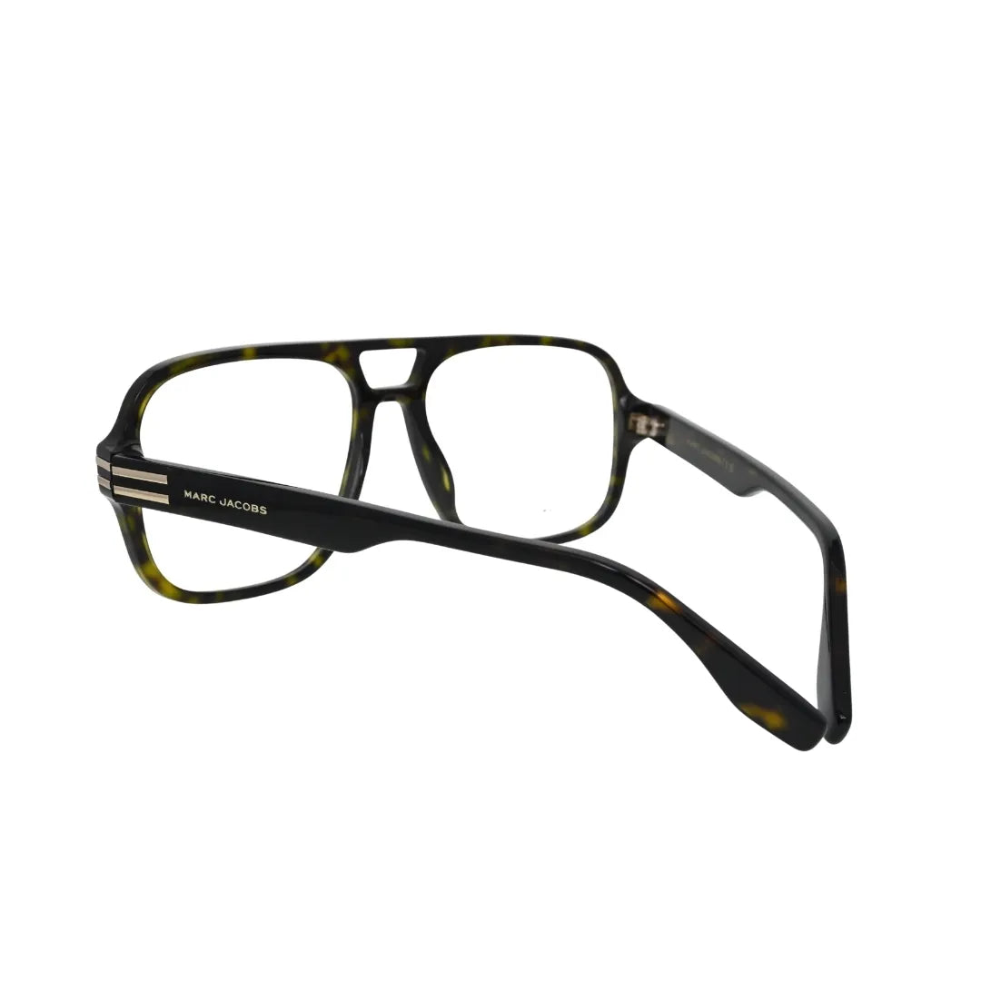 Marc Jacobs oversized navigator eyeglasses men tortoiseshell rear angled view showing near-black temples with triple gold-tone bar detail