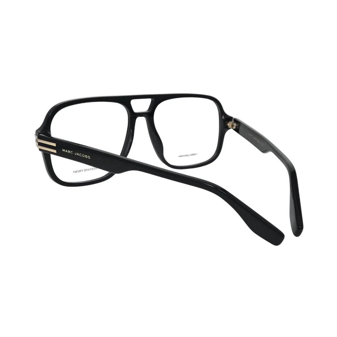 Marc Jacobs MARC 755 black acetate pilot frame men — rear three-quarter view showing gold-tone lug hardware and temple construction