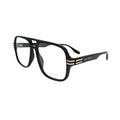 Marc Jacobs MARC 755 oversized pilot eyeglasses men in black acetate — angled side view showing gold-tone double-groove lug and Marc Jacobs temple text