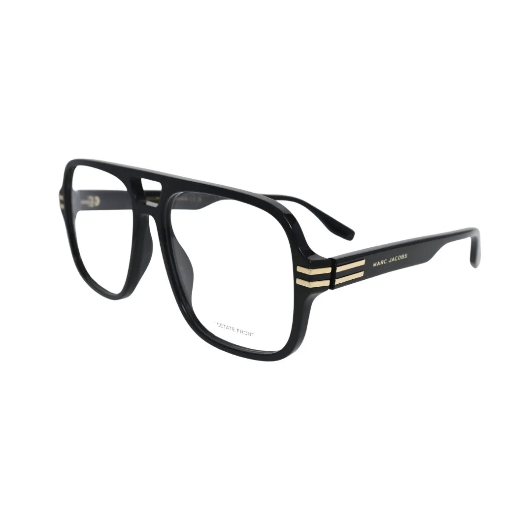 Marc Jacobs MARC 755 oversized pilot eyeglasses men in black acetate — angled side view showing gold-tone double-groove lug and Marc Jacobs temple text