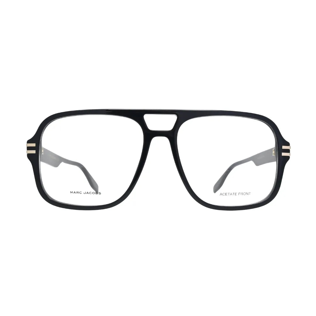 Marc Jacobs MARC 755 807 black — front view showing wide double-bridge construction and large squared clear lens openings in full-rim acetate