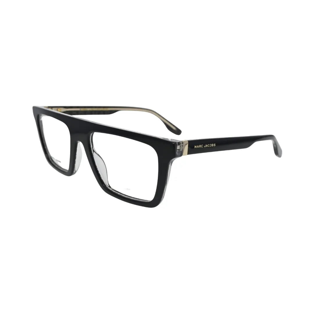 Marc Jacobs MARC 759 1EL black pattern grey — angled side view showing flat-top frame profile and gold-tone hinge with Marc Jacobs temple lettering