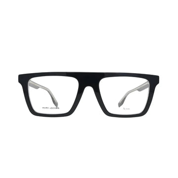 Marc Jacobs MARC 759 black flat-top rectangle frame men — front view showing full-rim construction and grey logo brow print detail