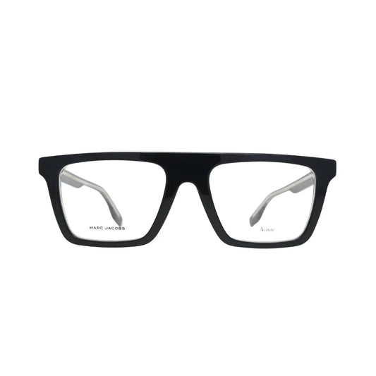 Marc Jacobs MARC 759 black flat-top rectangle frame men — front view showing full-rim construction and grey logo brow print detail
