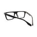 Marc Jacobs MARC 759 black rectangle eyeglasses men — rear three-quarter view showing grey logo print on brow and inner temple surface