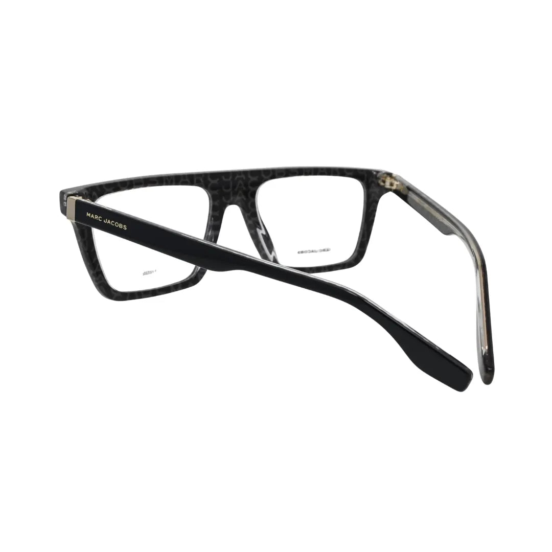 Marc Jacobs MARC 759 black rectangle eyeglasses men — rear three-quarter view showing grey logo print on brow and inner temple surface