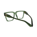 Marc Jacobs MARC 766 green square eyeglasses women — rear three-quarter view showing gold-tone JJ logo plaque and translucent green temple