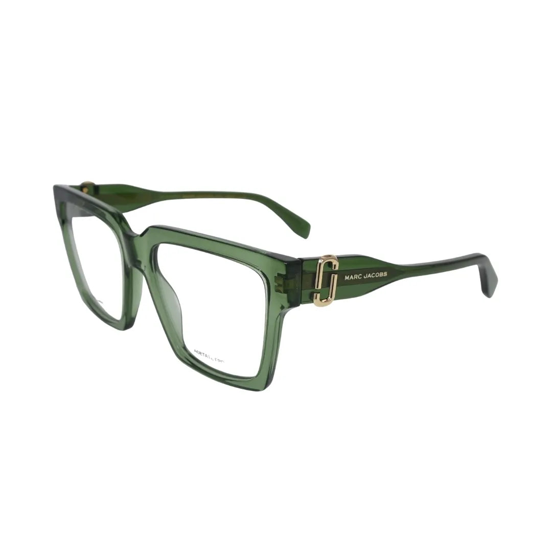 Marc Jacobs MARC 766 1ED green transparent — angled side view showing oversized square frame with gold JJ hardware and clear lens openings