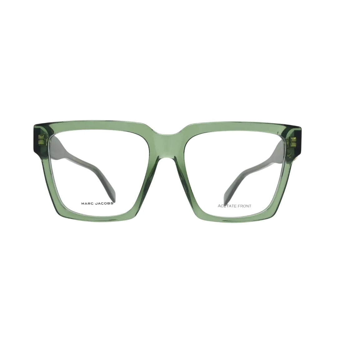 Marc Jacobs MARC 766 green transparent acetate square frame — front view showing full-rim construction and Marc Jacobs inner lens branding