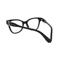 Marc Jacobs MARC 767 black acetate cat-eye frame — rear three-quarter view showing gold-tone hinge hardware and black temple construction