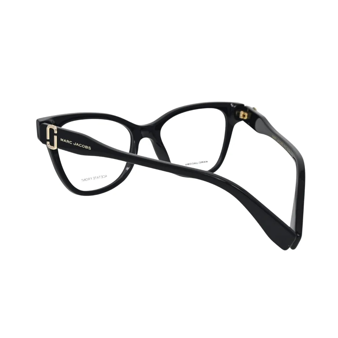 Marc Jacobs MARC 767 black acetate cat-eye frame — rear three-quarter view showing gold-tone hinge hardware and black temple construction