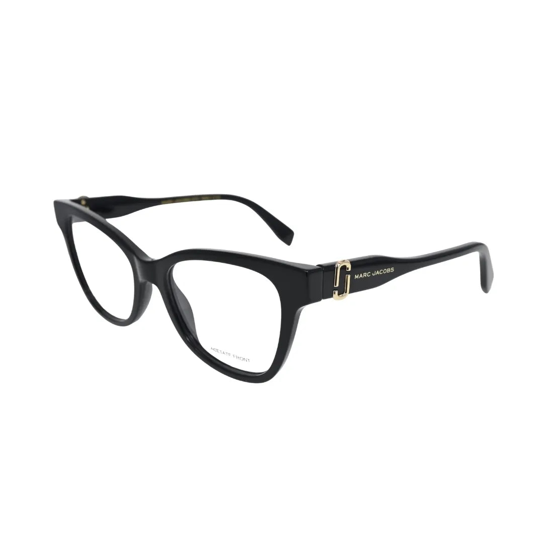 Marc Jacobs MARC 767 black cat eye eyeglasses women — angled side view showing gold-tone JJ logo plaque and Marc Jacobs temple text