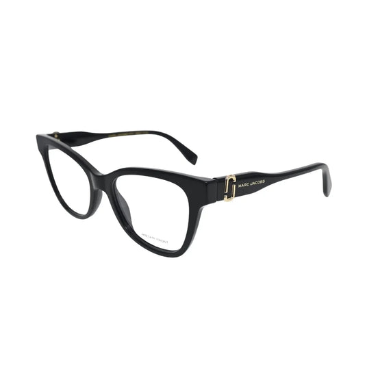 Marc Jacobs MARC 767 black cat eye eyeglasses women — angled side view showing gold-tone JJ logo plaque and Marc Jacobs temple text