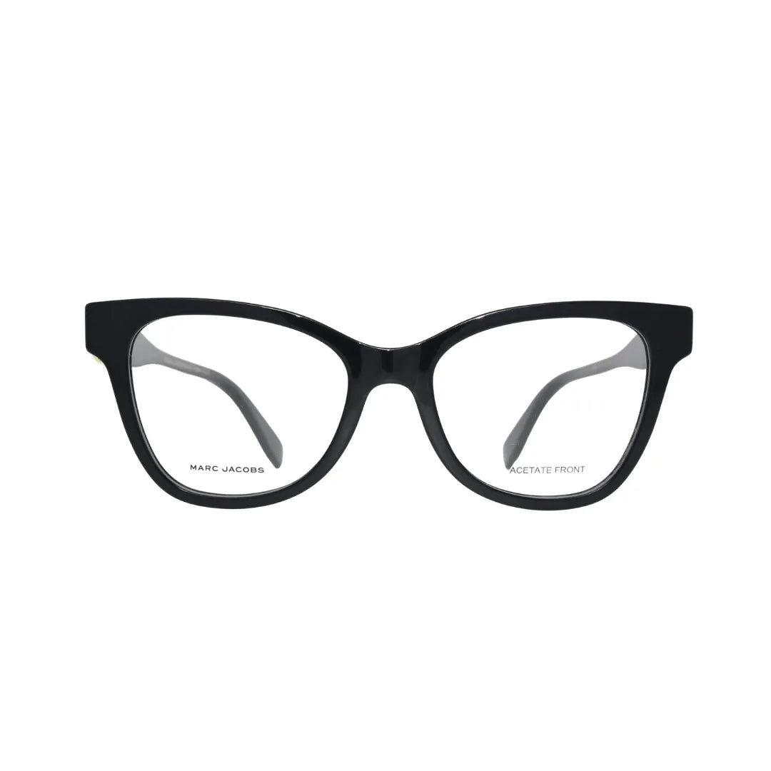 Marc Jacobs MARC 767 807 black — front view showing cat-eye silhouette with arched brow line and clear lens openings in gloss black acetate