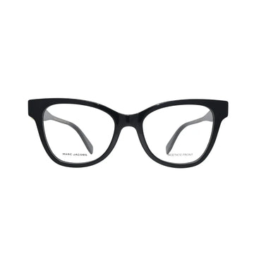 Marc Jacobs MARC 767 807 black — front view showing cat-eye silhouette with arched brow line and clear lens openings in gloss black acetate