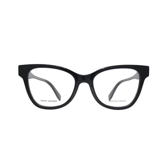 Marc Jacobs MARC 767 807 black — front view showing cat-eye silhouette with arched brow line and clear lens openings in gloss black acetate