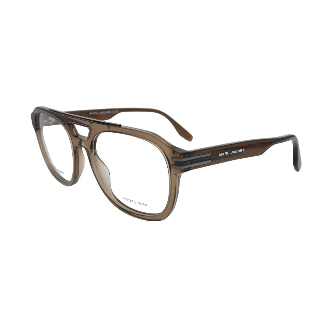 Marc Jacobs aviator eyeglasses men transparent brown acetate — side view showing MARC JACOBS temple lettering
