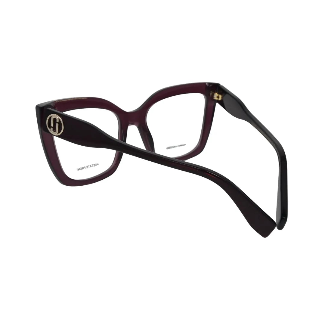 Marc Jacobs MARC 813 LHF burgundy rectangular women's eyeglasses rear angle showing gold MJ logo medallion