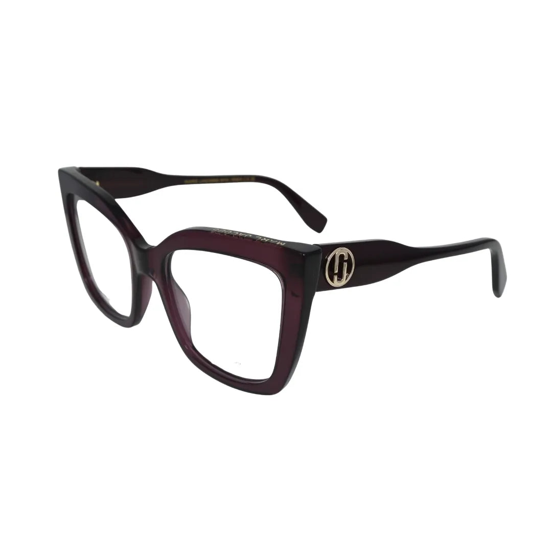 Marc Jacobs rectangular women's eyeglasses deep burgundy acetate gold temple detail side view