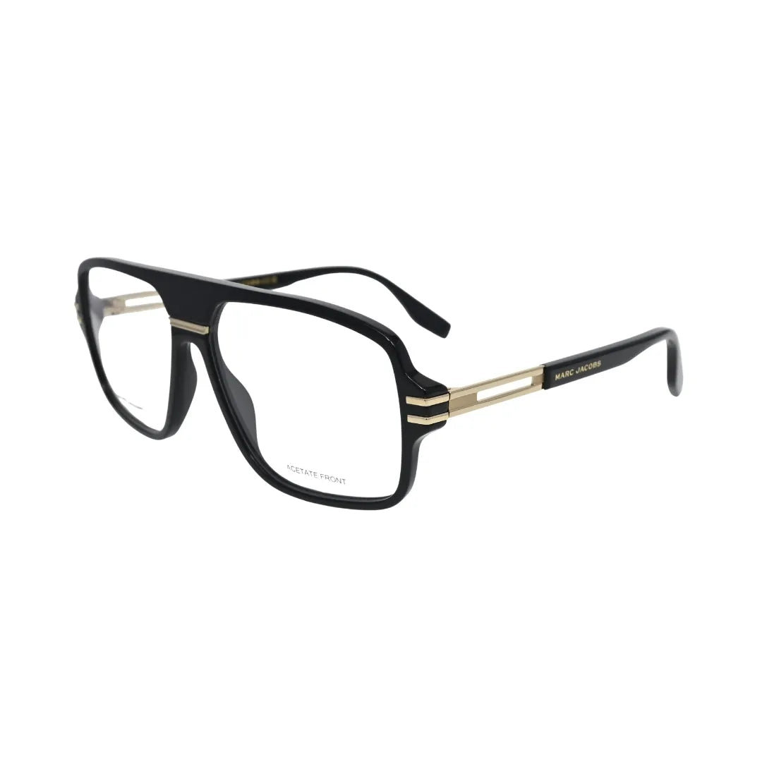 Marc Jacobs rectangular men's eyeglasses black acetate gold temple plate detail side view