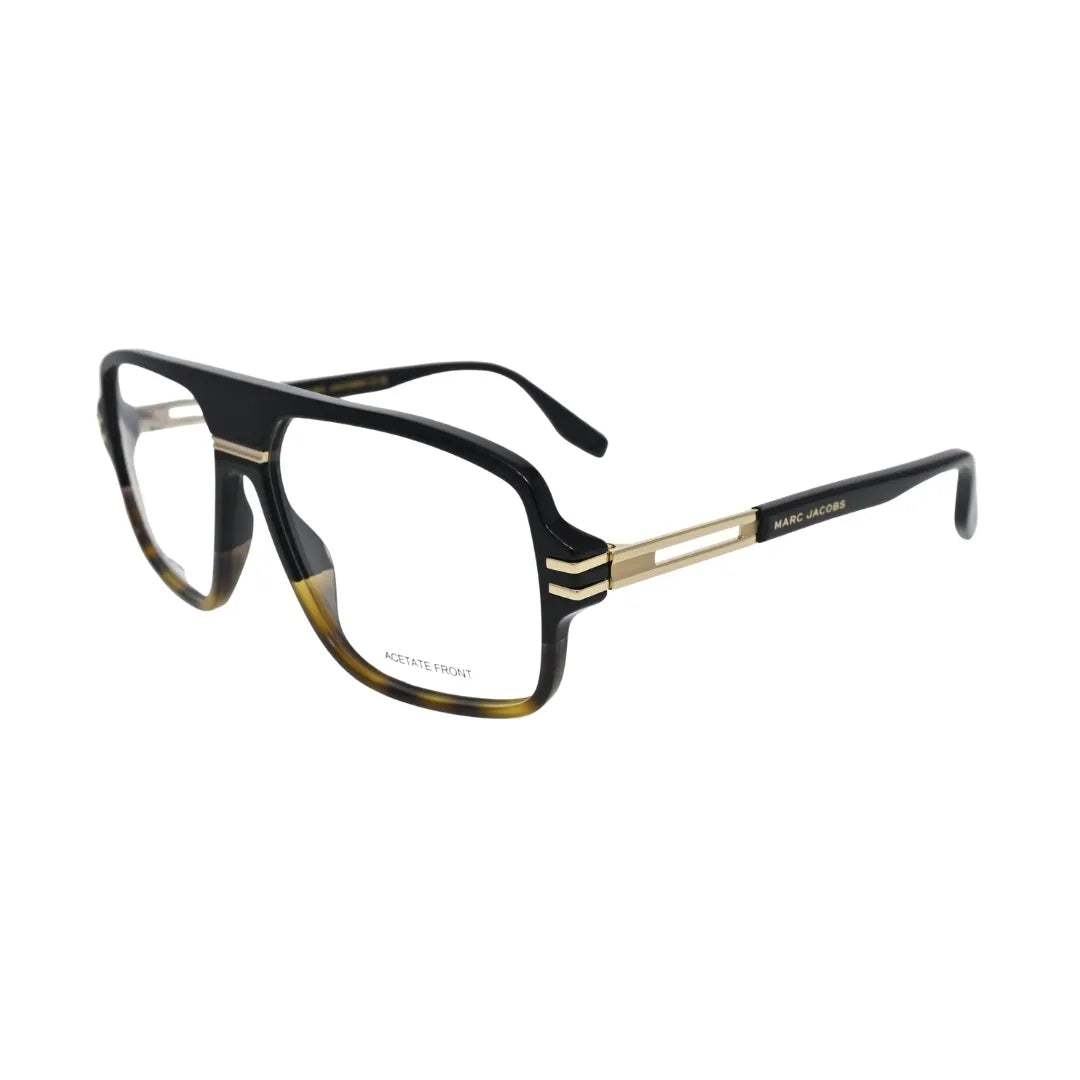 Marc JacoMarc Jacobs rectangular men's eyeglasses black havana two-tone frame with triple gold bar hinge detail