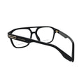 Marc Jacobs MARC 845 2M2 black acetate navigator frame — rear angle showing two-bar gold stripe hinge and MARC JACOBS temple lettering