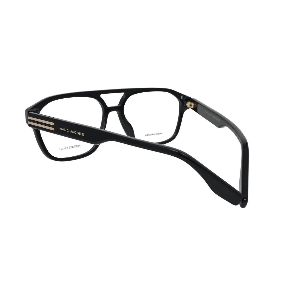 Marc Jacobs MARC 845 2M2 black acetate navigator frame — rear angle showing two-bar gold stripe hinge and MARC JACOBS temple lettering