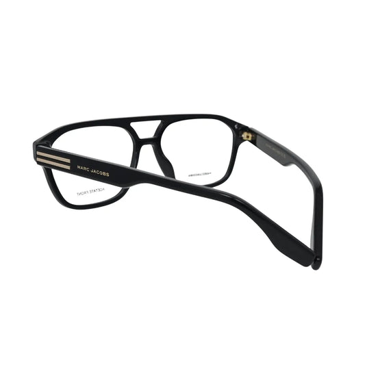 Marc Jacobs MARC 845 2M2 black acetate navigator frame — rear angle showing two-bar gold stripe hinge and MARC JACOBS temple lettering