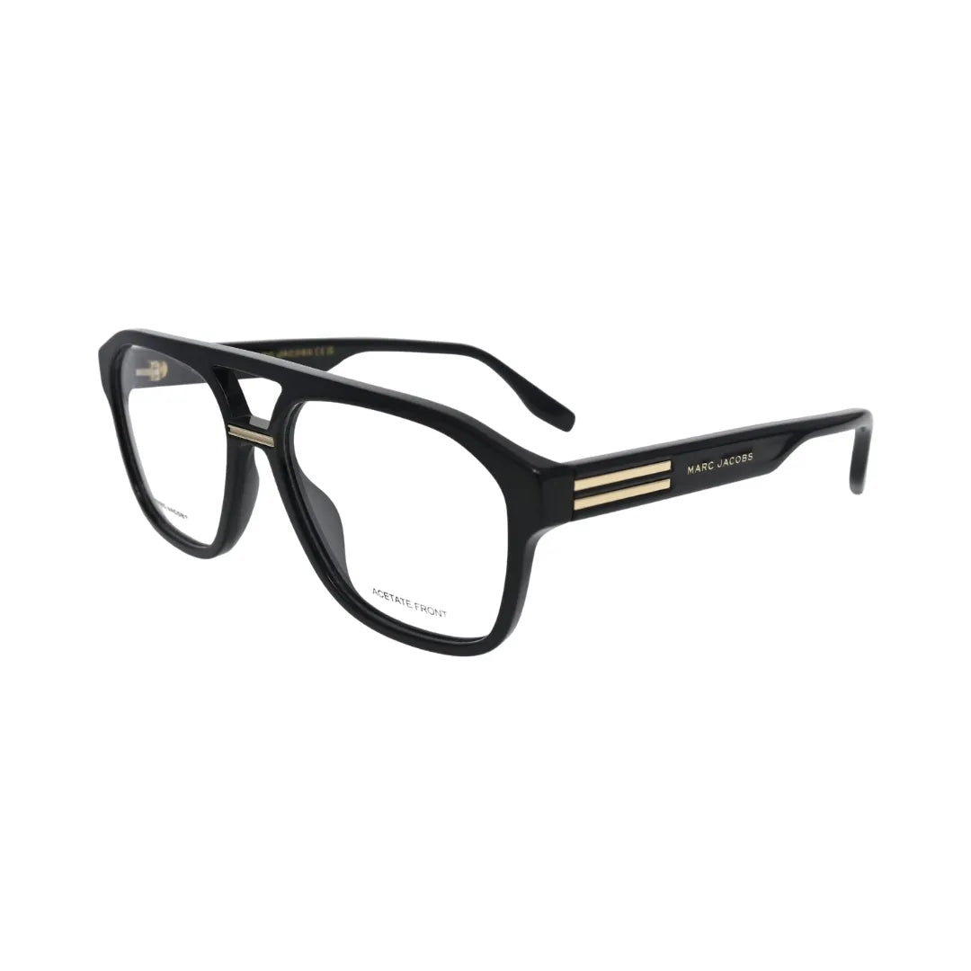 arc Jacobs MARC 845 full-rim black gold navigator eyeglasses — side angle showing double bridge and gold hinge hardware