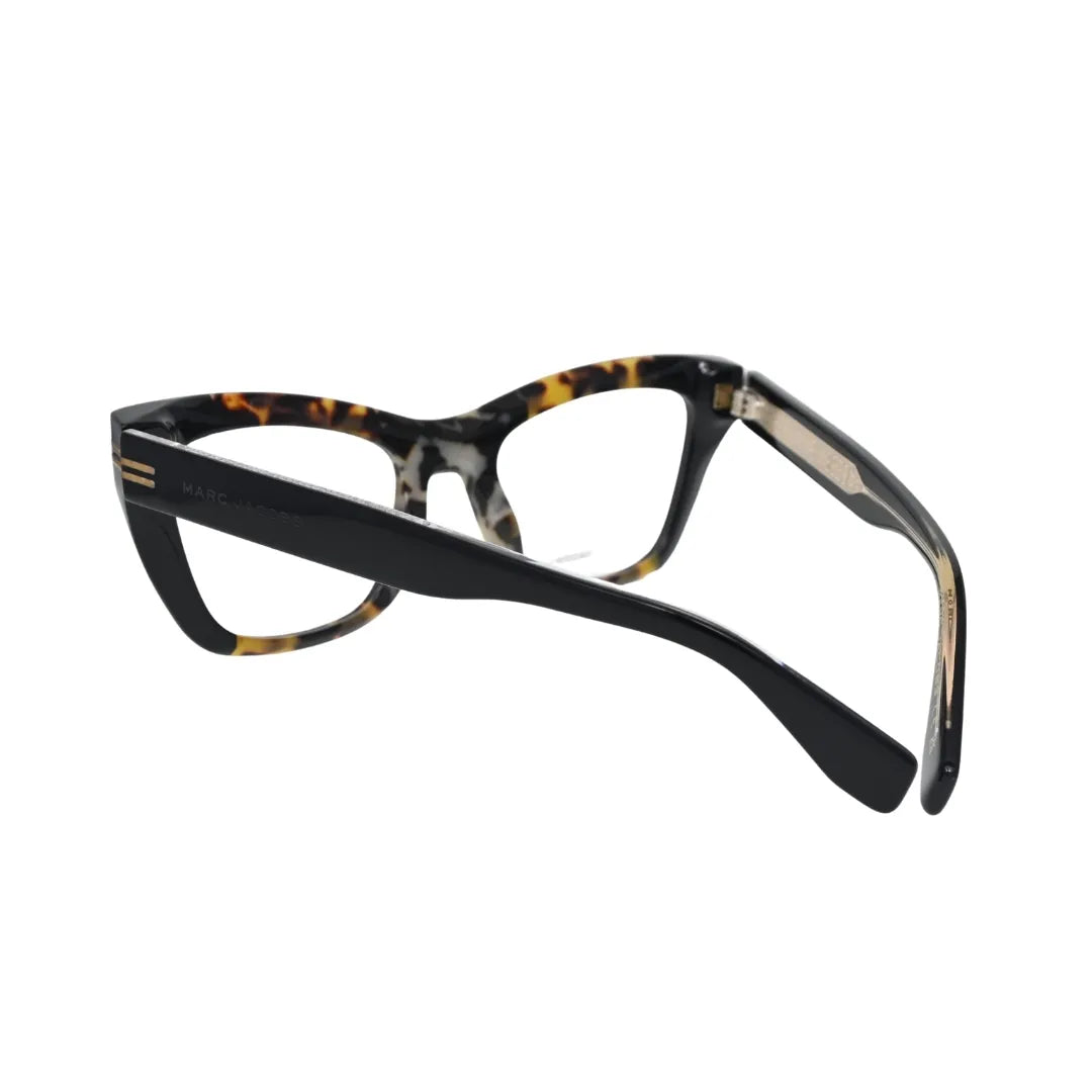 Marc Jacobs havana cat eye eyeglasses women MJ1114 — rear view showing two-tone black and tortoiseshell temples with gold stripe hinge