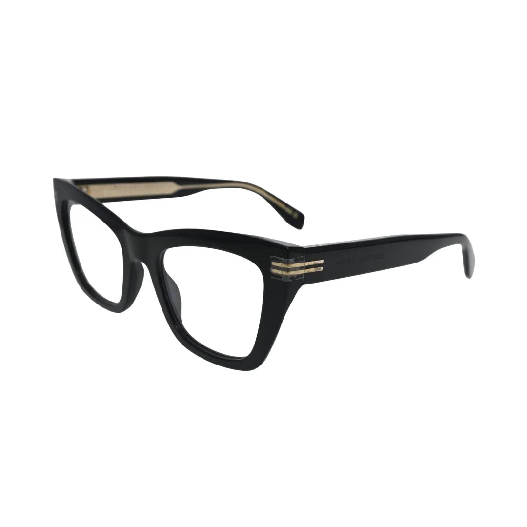 Marc Jacobs MJ1114 807 black acetate cat eye eyeglasses — side angle showing gold multi-stripe hinge and MARC JACOBS temple lettering