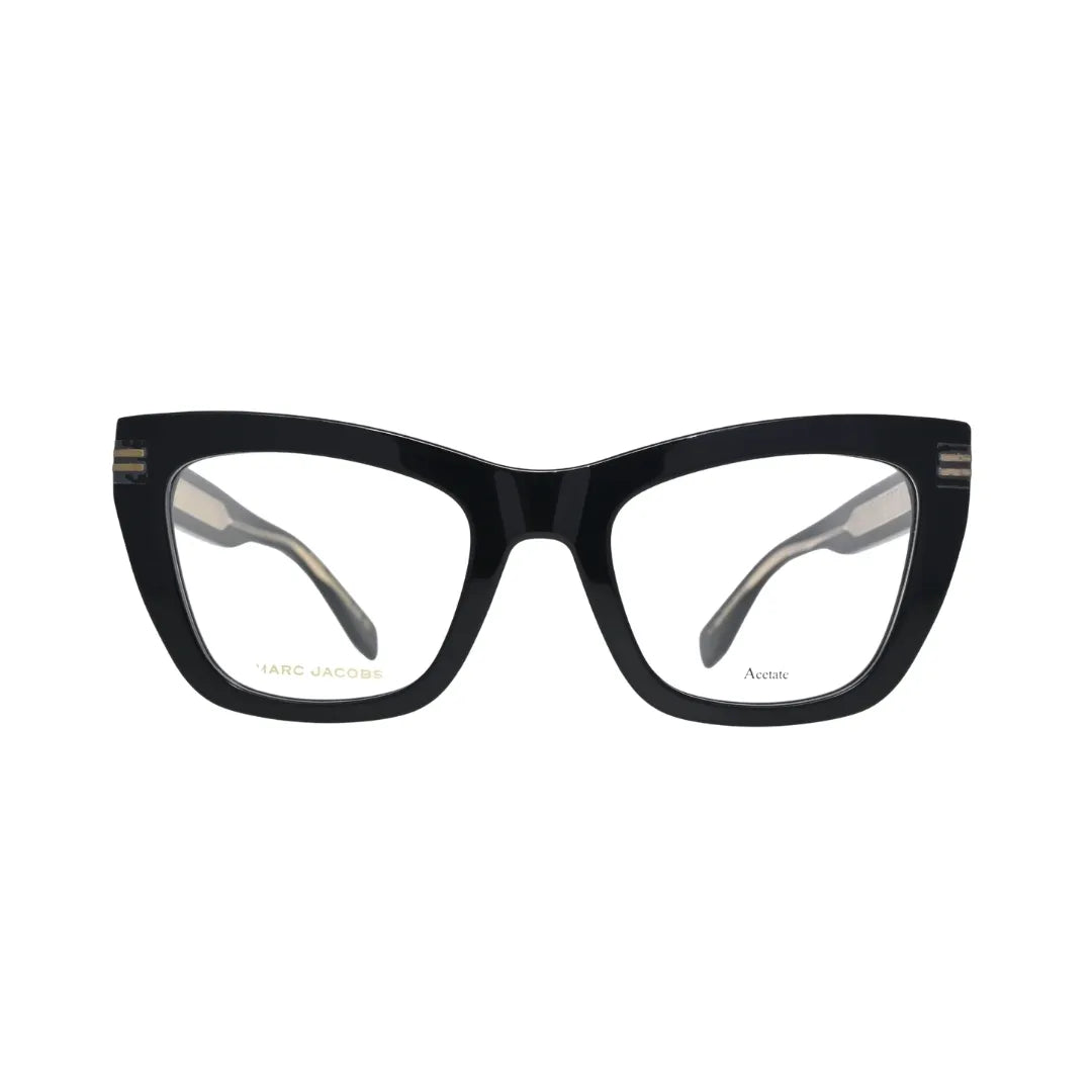 Marc Jacobs black cat eye eyeglasses women MJ1114 — rear view showing inner temple pattern and gold stripe hinge detail