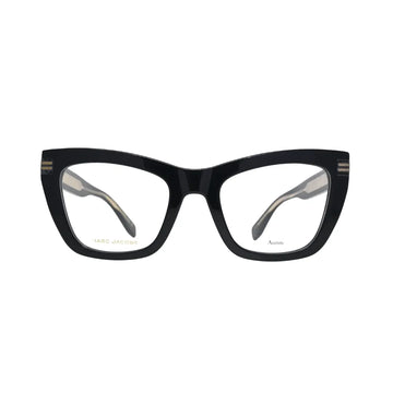 Marc Jacobs black cat eye eyeglasses women MJ1114 — rear view showing inner temple pattern and gold stripe hinge detail