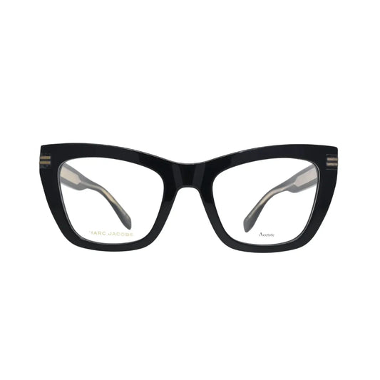 Marc Jacobs black cat eye eyeglasses women MJ1114 — rear view showing inner temple pattern and gold stripe hinge detail