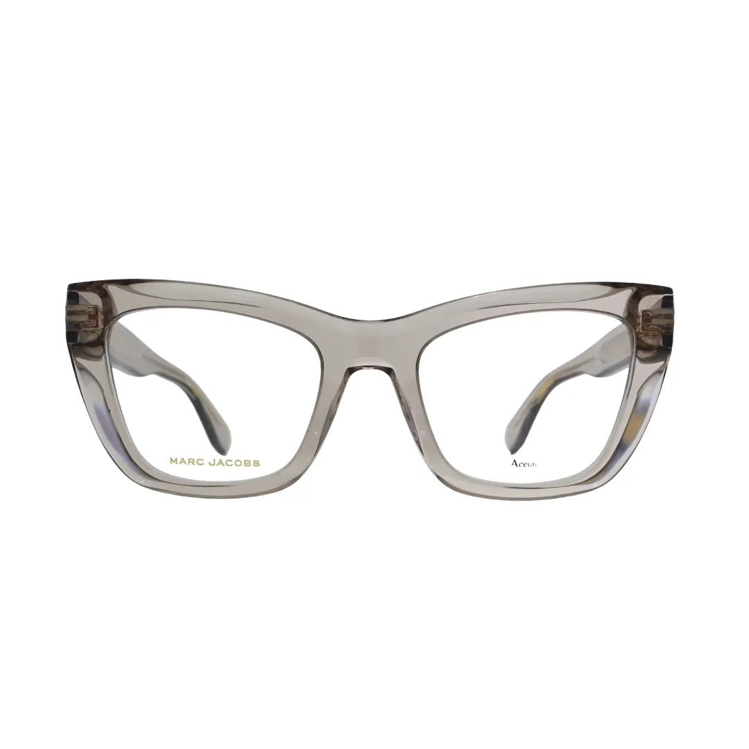 Marc Jacobs MJ1114 FWM nude cat-eye eyeglasses rear view showing branded temple panel and gold-tone hinge hardware