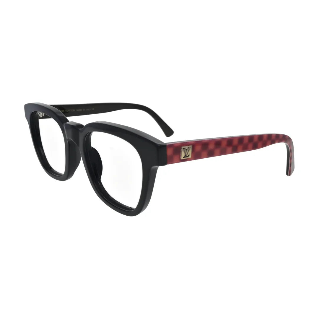Black Square Glasses with Red Check Temples for Women N077 – angled side view