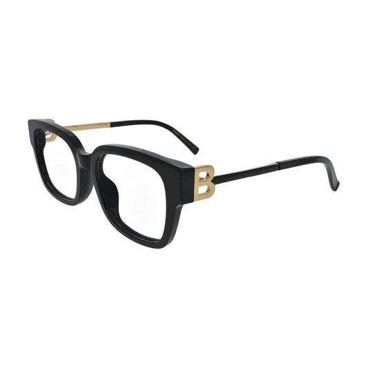 Black Square Glasses with Gold B Emblem Temples for Women N081 – angled side view