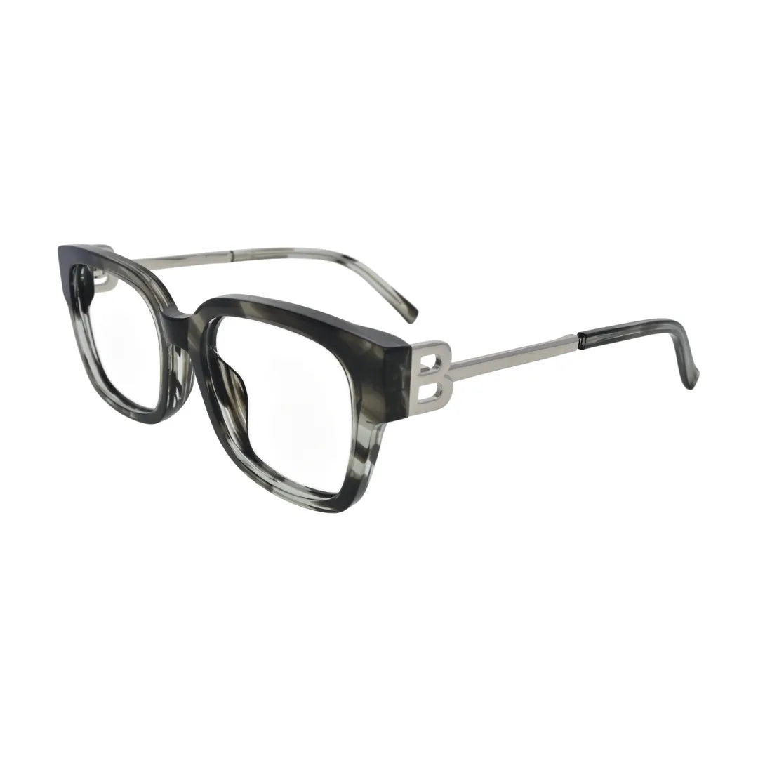 Grey Horn Square Glasses with Silver B Emblem Temples for Women N082 – angled side view