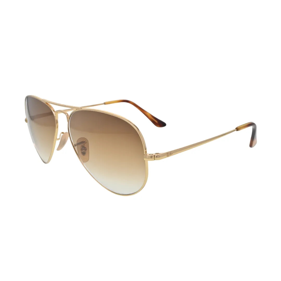 Ray-Ban gold aviator sunglasses brown gradient — rear angled view showing gold metal temples with tortoiseshell acetate tips