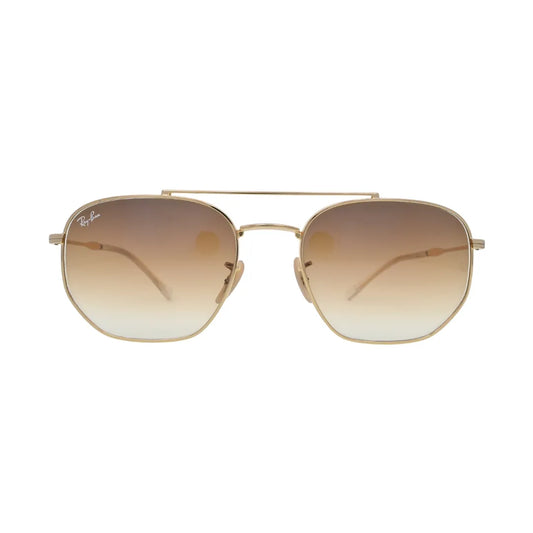 Front view of Ray-Ban gold geometric sunglasses unisex featuring brown gradient lenses and a double bridge.