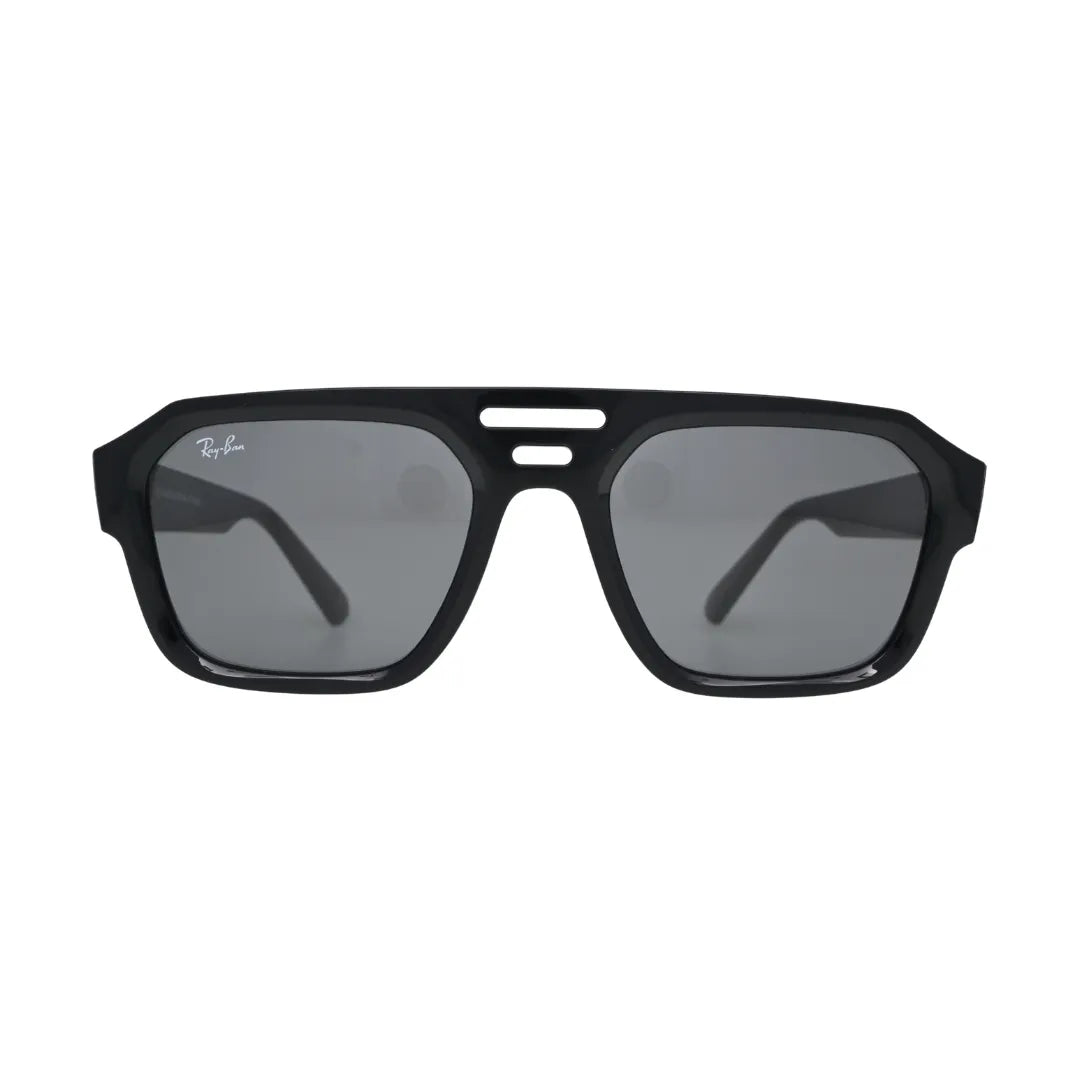 Ray-Ban RB4397 6677/87 black — front view showing flat-top triple-bridge construction and solid dark grey lenses in gloss black bio-acetate frame