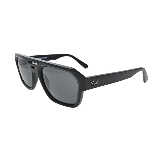Ray-Ban Corrigan RB4397 black acetate square sunglass — angled side view showing thick temple construction and silver hinge hardware