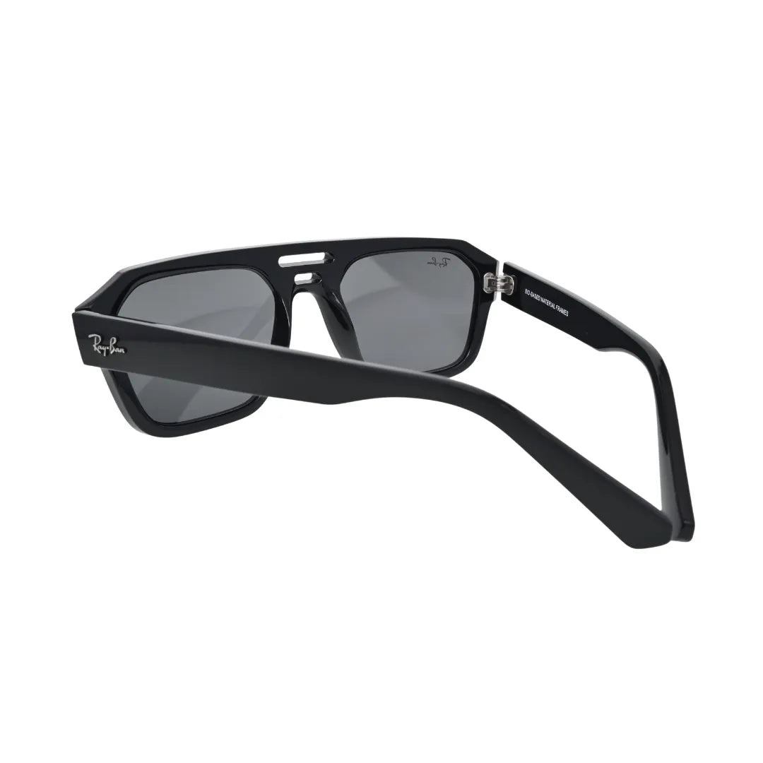 Ray-Ban Corrigan black square sunglasses dark grey lenses — rear three-quarter view showing triple-bridge cutout and Ray-Ban script temple branding