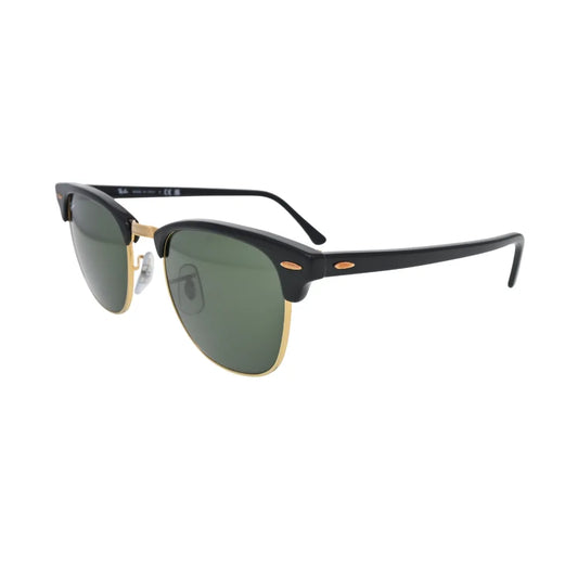 Ray-Ban Clubmaster RB3016 black on gold — side angle showing full browline profile, gold hinge hardware and black acetate temple