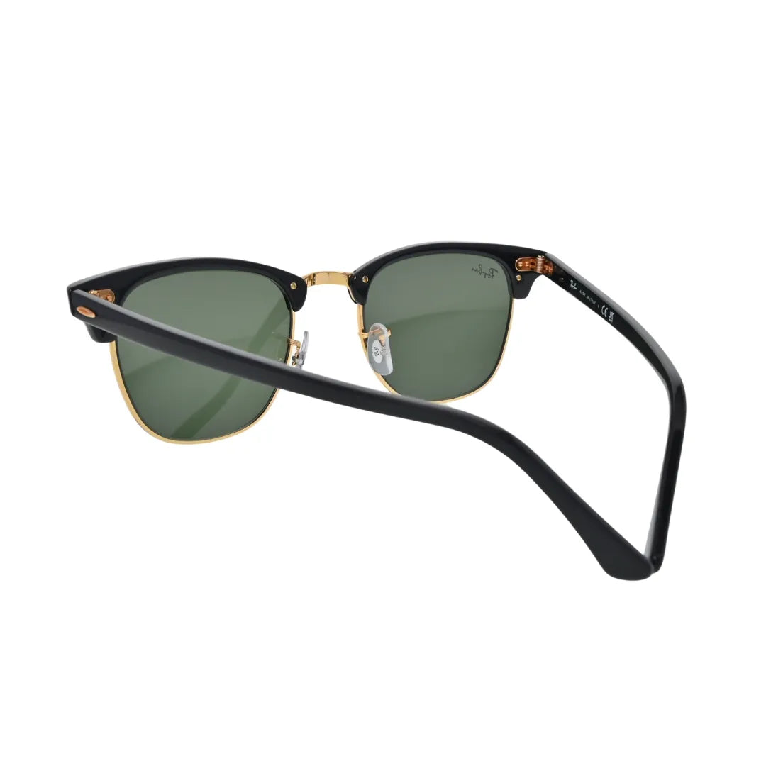 Ray-Ban Clubmaster black gold sunglasses RB3016 W0365 — rear angle showing polished black temples with gold oval rivets and adjustable nose pads