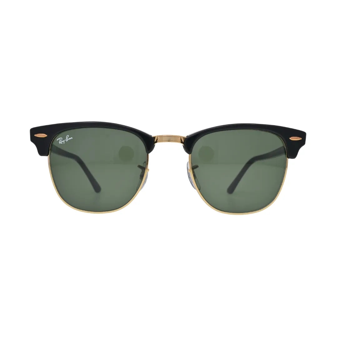 Ray-Ban RB3016 W0365 Clubmaster Classic — front view showing black acetate browline upper, gold metal lower rim and G-15 green lenses