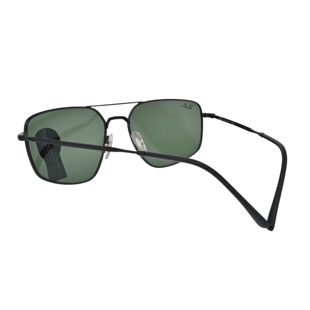 Ray-Ban RB3666 black frame sunglasses with solid green lenses three-quarter angle